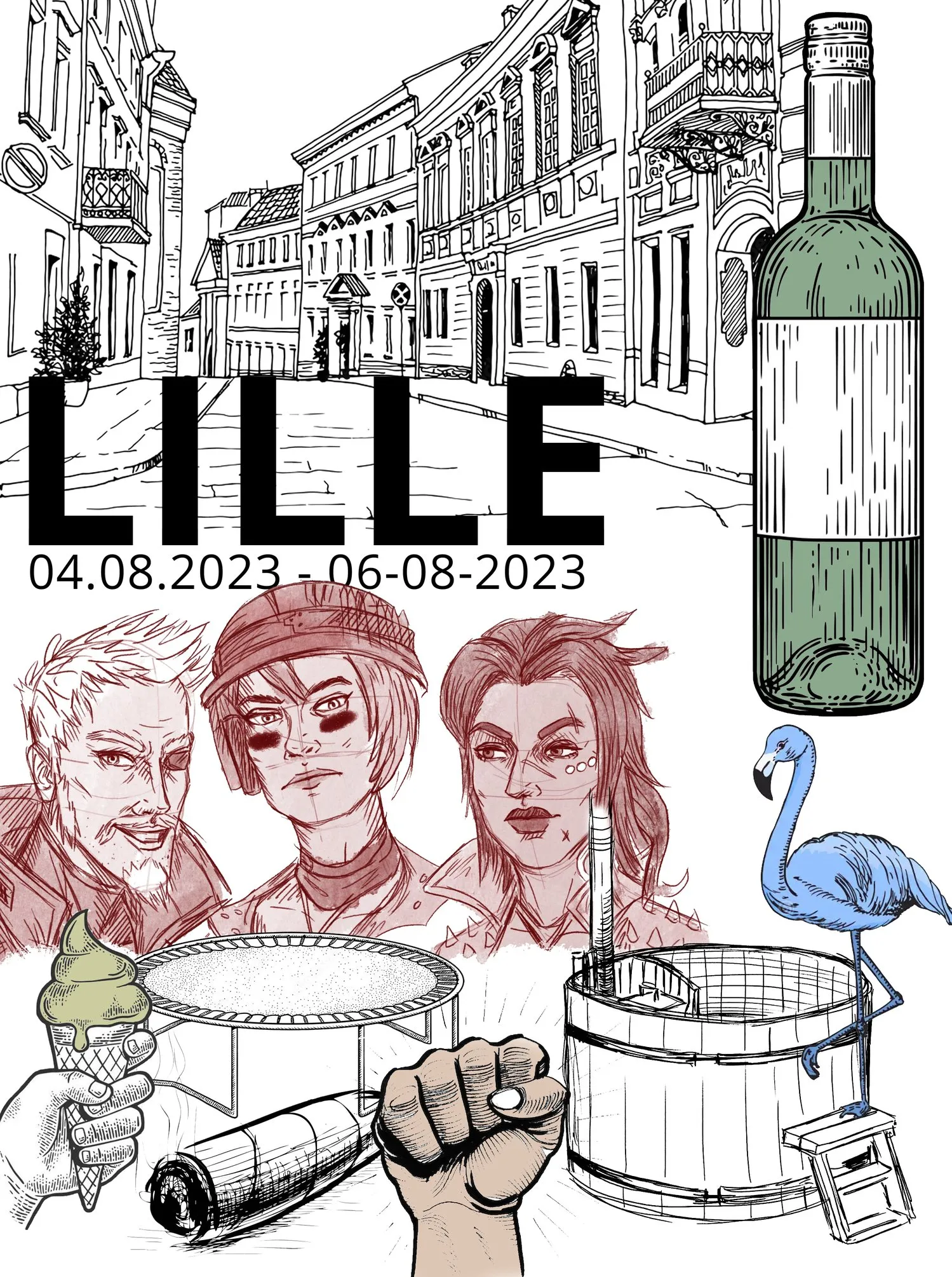 Rückenmotiv 2023: gezeichnete Altstadt von Lille, Weinflasche, drei Figuren, Trampolin, Badefass und ein blauer Flamingo