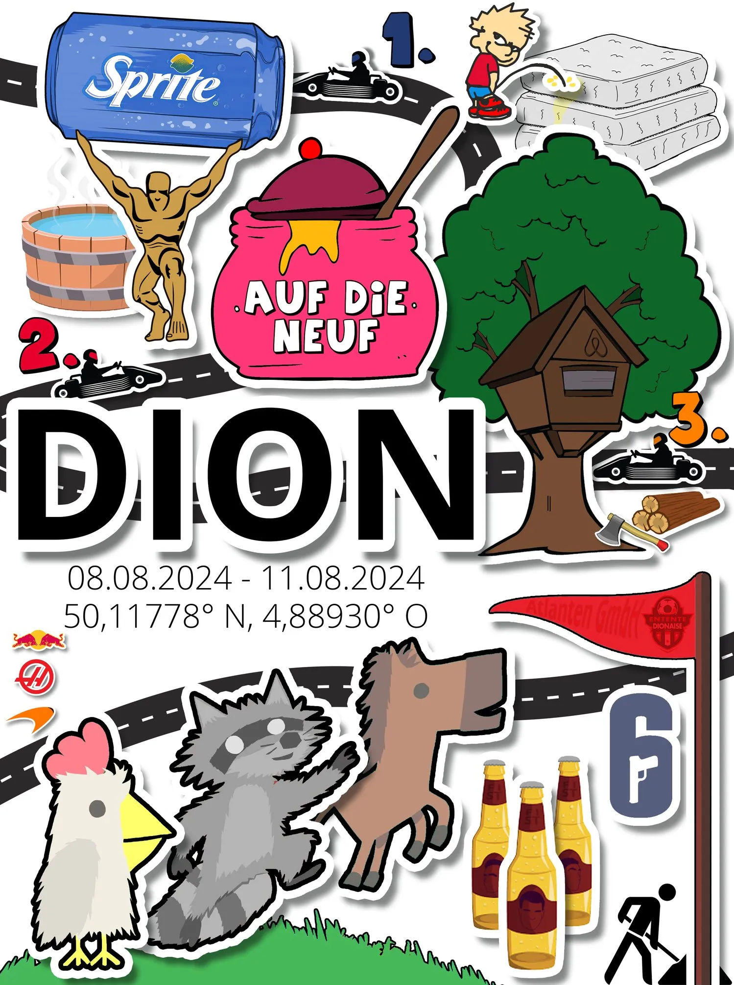 Rückenmotiv 2024: Sticker-Collage mit Sprite-Dose, Baumhaus, Kartbahn, Badefass, Waschbär, Huhn und dem Schriftzug Dion